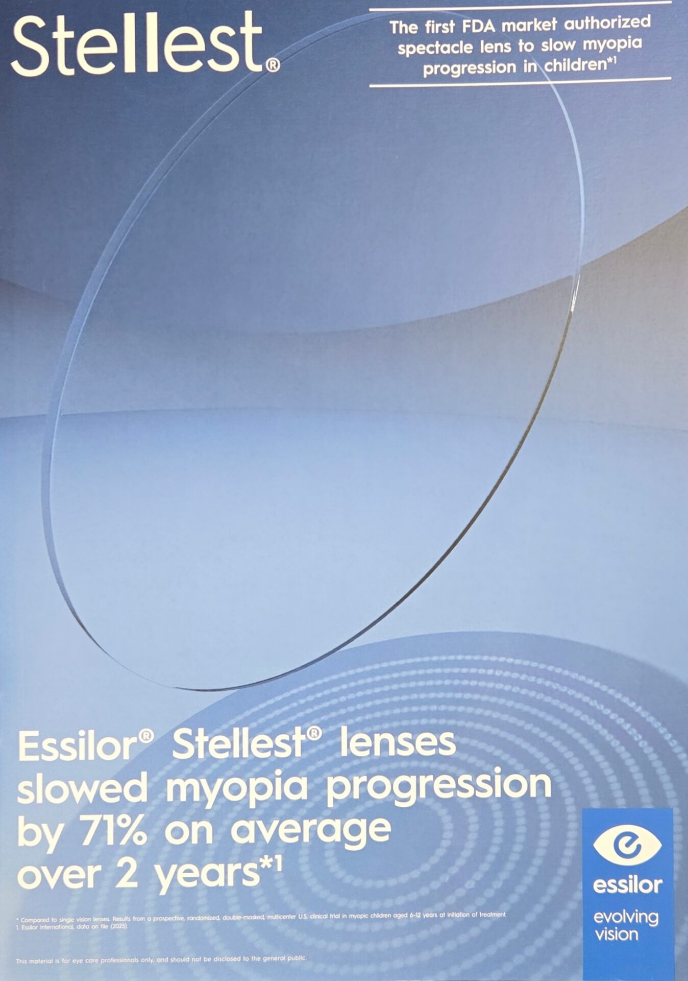 Blue advertisement for Essilor Stellest lenses