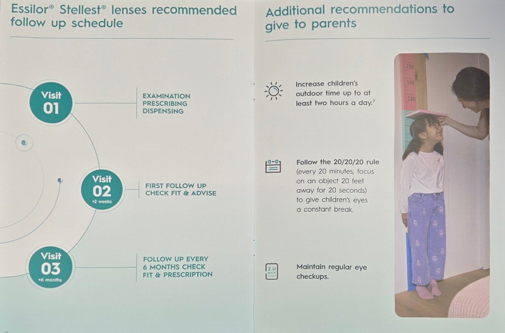 Eye care brochure with child being measured