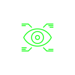 Green eye symbol with intersecting lines.