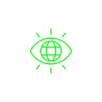 Green eye symbol with globe inside.