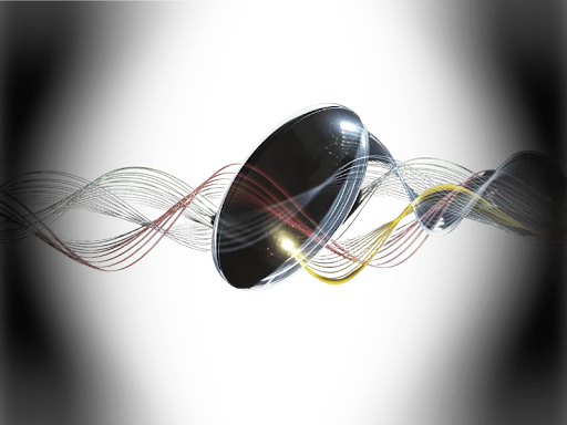 Lens with colorful wave patterns in background.