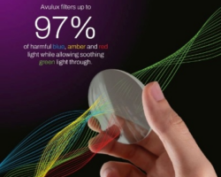 Hand holding circular lens filtering colored light waves